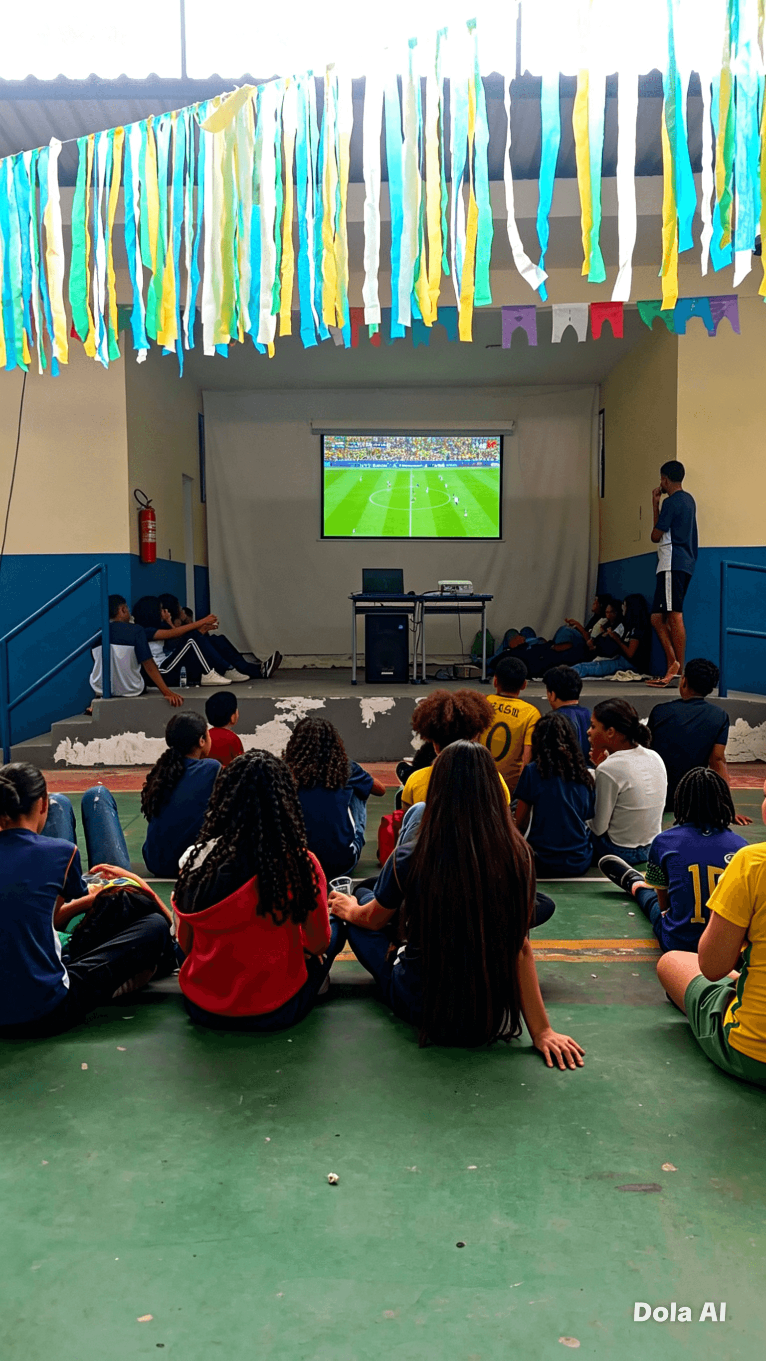 Alunos da Escola Estadual Doutor João Beraldo se reúnem na quadra para  assistir à vitória do Brasil sobre o Japão